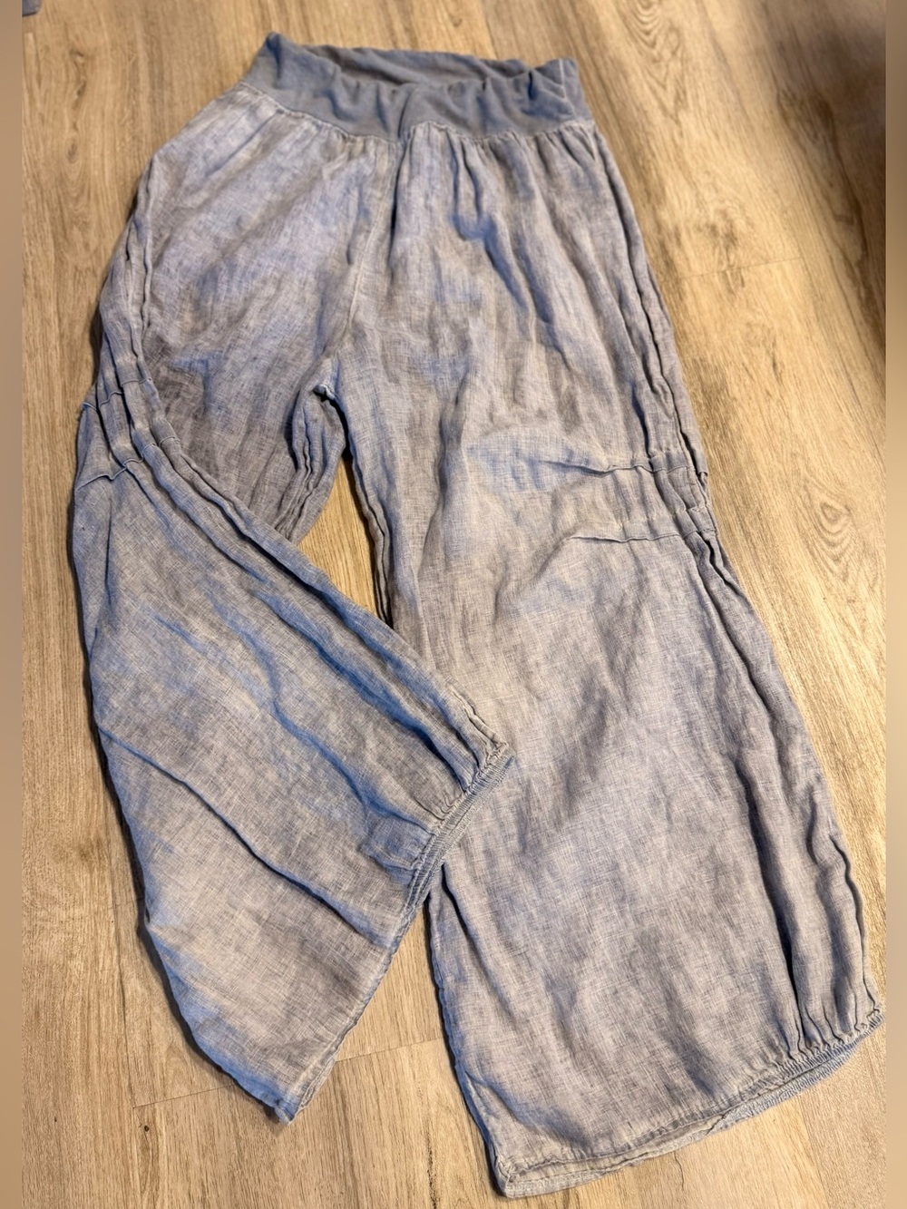 Women's Made in Italy Blue Linen Wide-Leg Pull-On Pants Elastic Waist Size Small
